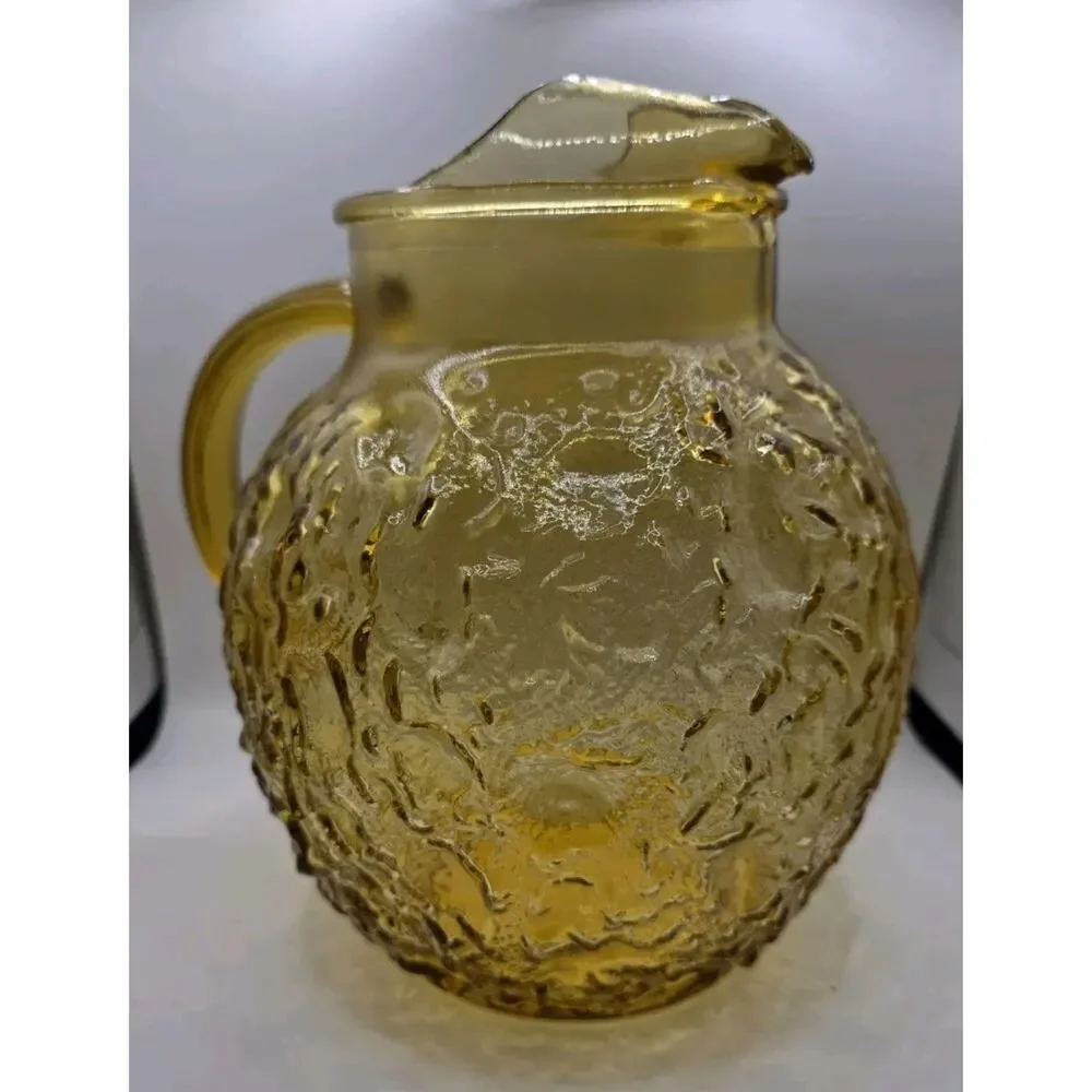 Vintage Anchor Hocking Crinkle Ball Pitcher Lido Milano Amber HoneyCrackle LEAKS